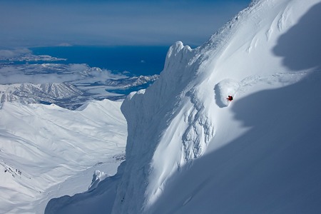 Freeride at Snow Valley mountain lodge. Kamchatka