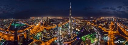 Panorama of Burj Khalifa at night. Dubai, UAE