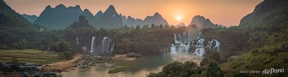 Detian Falls at sunset. Panorama