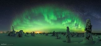 Panorama with the northern lights. Riisitunturi National Park Panorama with the northern lights. Riisitunturi National Park