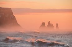 Reynisfjara beach, Seastacks Reynisdrangar in the misty morning